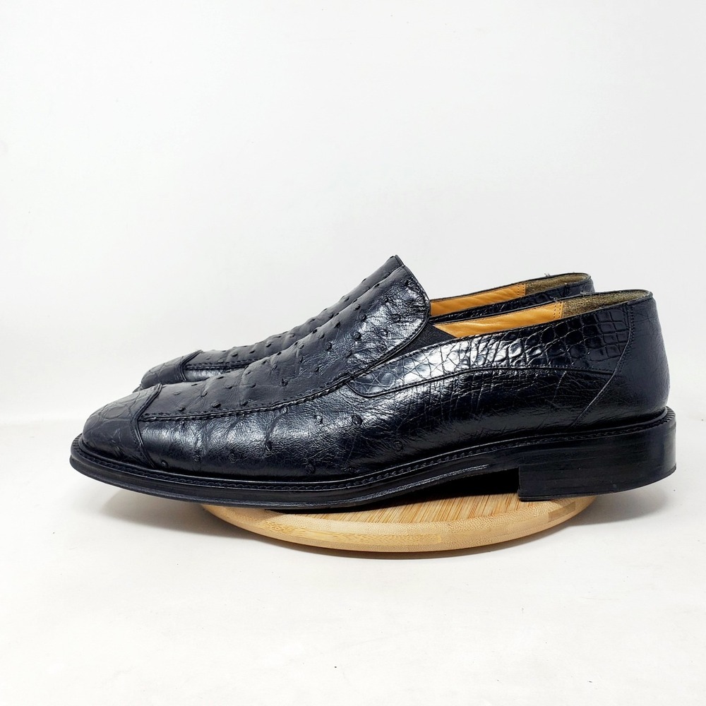 Mezlan Platinum Shoes Men 13 Black Ostrich Quill Crocodile Slip On Loafer Exotic